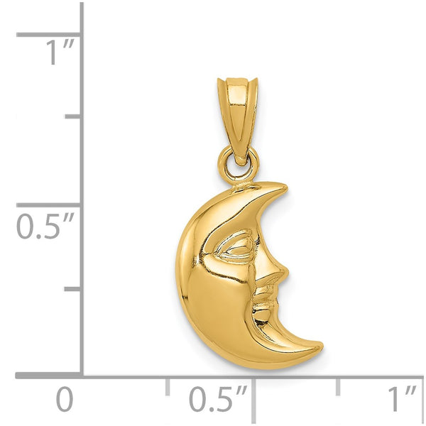 14KT Yellow Gold 21X10MM Three Dimensional Moon Pendant. Chain Not Included