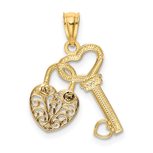 14KT Yellow and Rose Gold Filigree Heart Lock and Key Pendant. Chain Not Included