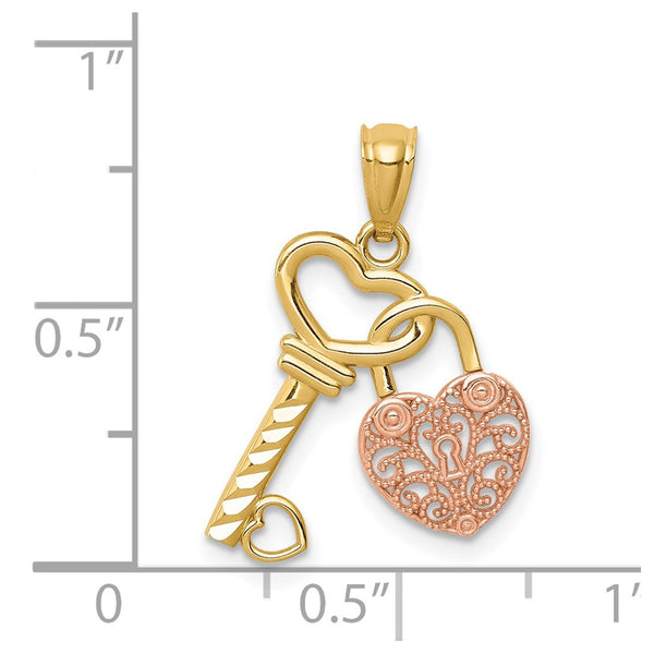 14KT Yellow and Rose Gold Filigree Heart Lock and Key Pendant. Chain Not Included