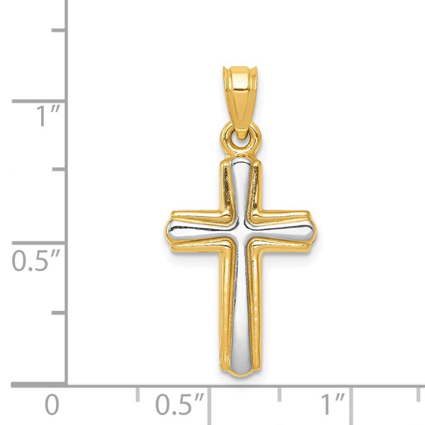 14KT Yellow Gold With Rhodium Plating 26X13MM Three Dimensional Cross Pendant. Chain Not Included