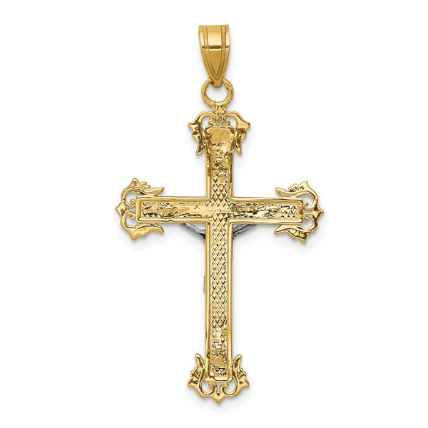 14KT White and Yellow Gold 40X22MM Diamond-cut Crucifix Cross Pendant. Chain Not Included