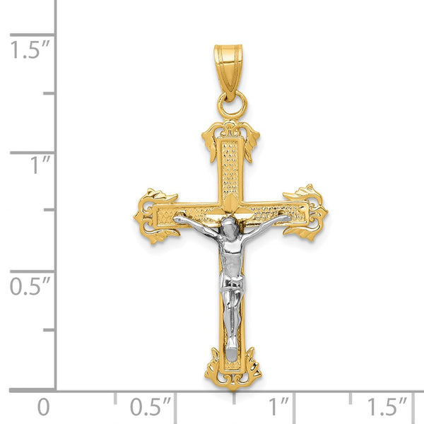 14KT White and Yellow Gold 40X22MM Diamond-cut Crucifix Cross Pendant. Chain Not Included