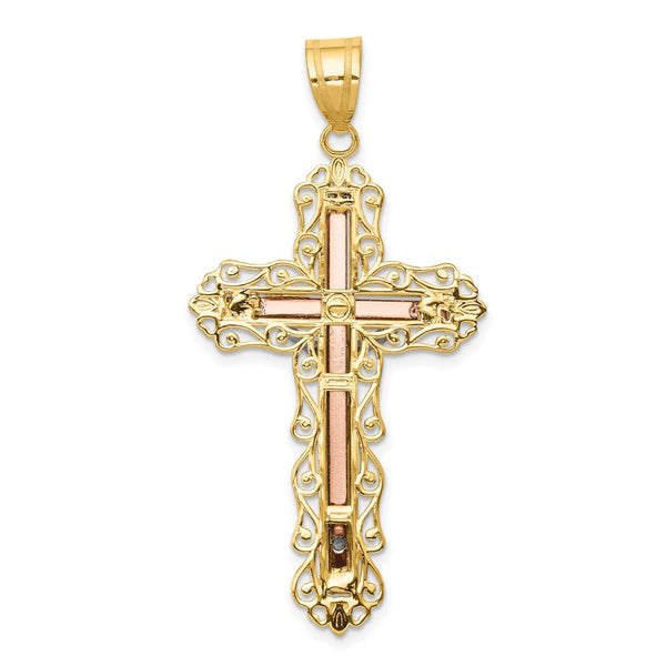 14KT Gold Tri-Color 50X25MM Diamond-cut Crucifix Cross Pendant. Chain Not Included