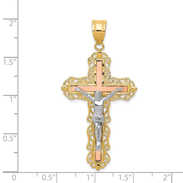 14KT Gold Tri-Color 50X25MM Diamond-cut Crucifix Cross Pendant. Chain Not Included