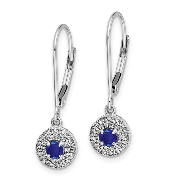 Round Sapphire and Diamond Halo Leverback Earrings in 14KT White Gold