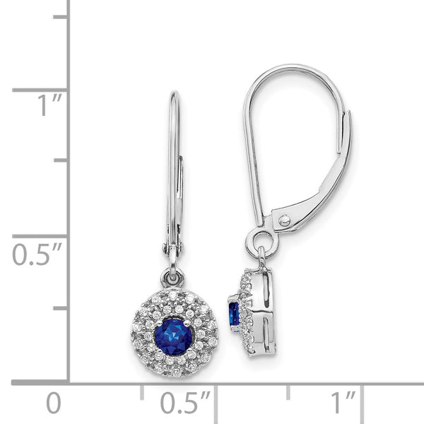 Round Sapphire and Diamond Halo Leverback Earrings in 14KT White Gold