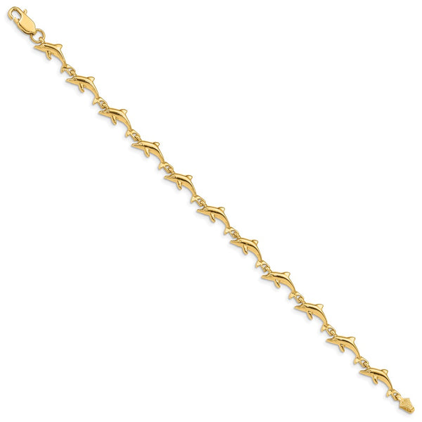 14KT Yellow Gold 7-inch 7MM Fancy Lobster Clasp Dolphin Bracelet