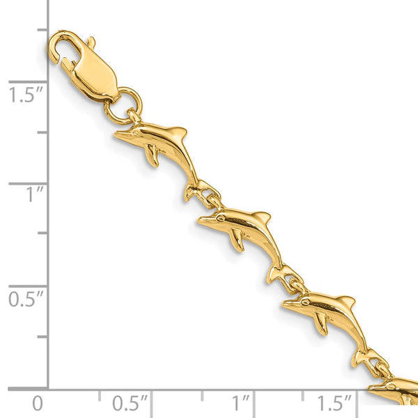 14KT Yellow Gold 7-inch 7MM Fancy Lobster Clasp Dolphin Bracelet