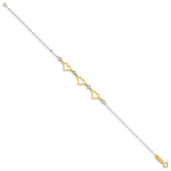 14KT White and Yellow Gold 7.5-inch 6MM Beaded Heart Bracelet