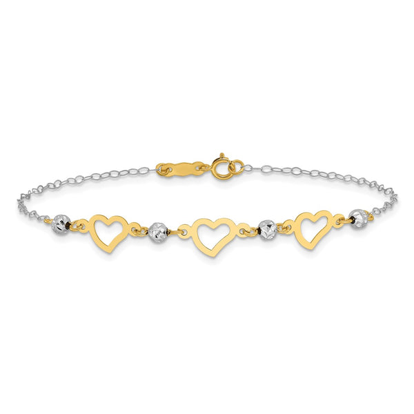 14KT White and Yellow Gold 7.5-inch 6MM Beaded Heart Bracelet