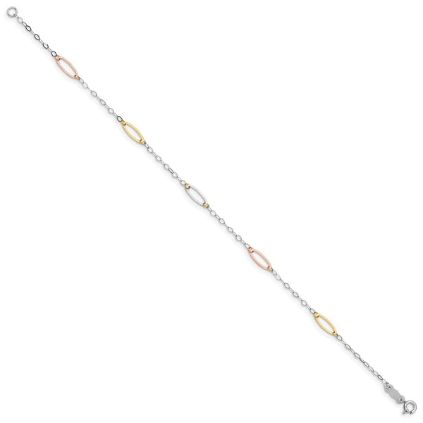 14KT Gold Tri-Color 7.5-inch 3MM Oval Link Bracelet