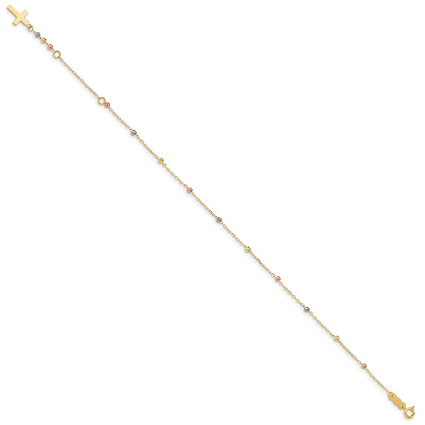 14KT Gold Tri-Color 7-inch 3MM Diamond-cut Beaded Cross Bracelet