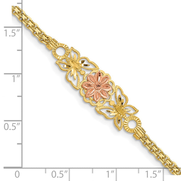 14KT Yellow and Rose Gold 7-inch 11MM Butterfly Flower Bracelet