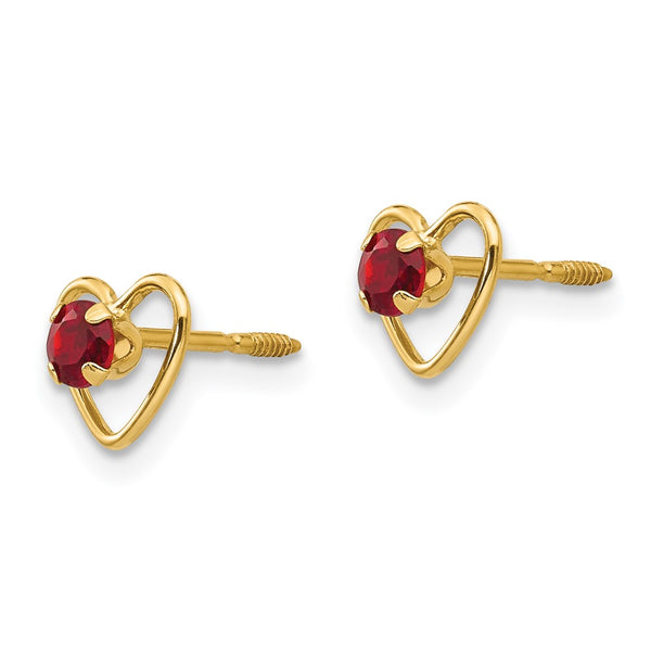 14KT Yellow Gold 3MM Round Garnet 6MM Heart Childrens Birthstone Earrings