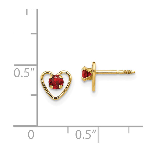 14KT Yellow Gold 3MM Round Garnet 6MM Heart Childrens Birthstone Earrings