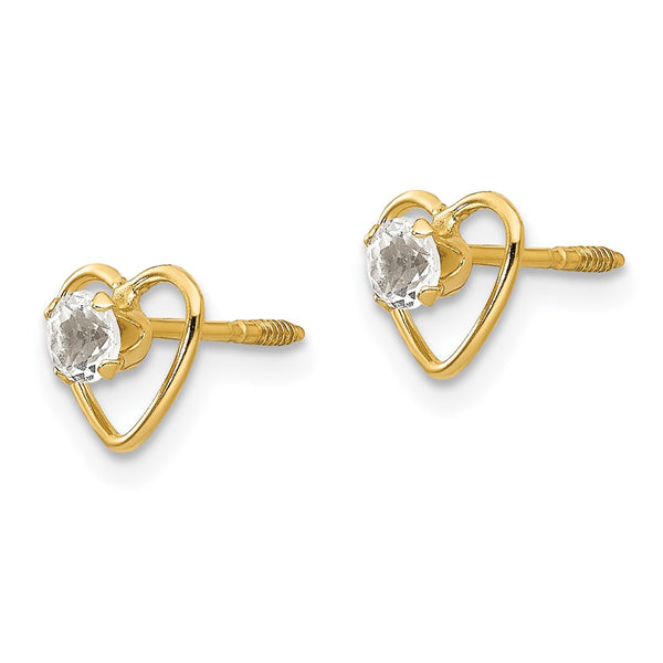 14KT Yellow Gold Round Zircon 6MM Heart Childrens Birthstone Stud Earrings