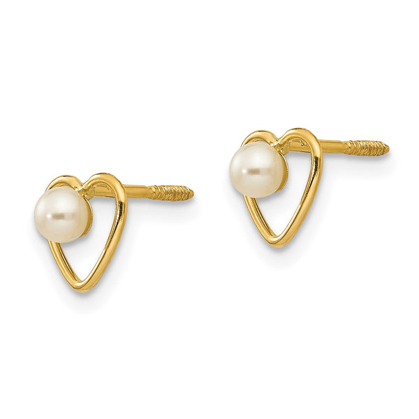 14KT Yellow Gold 3MM Round Pearl 6MM Heart Childrens Birthstone Stud Earrings