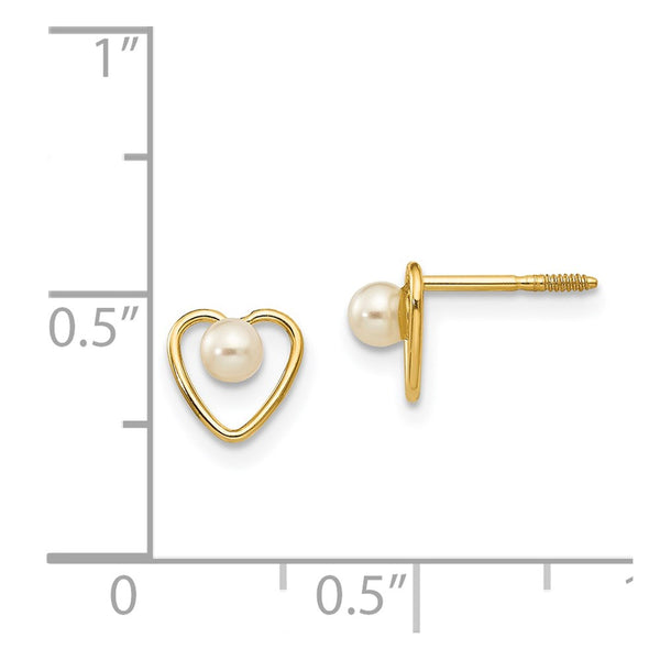 14KT Yellow Gold 3MM Round Pearl 6MM Heart Childrens Birthstone Stud Earrings