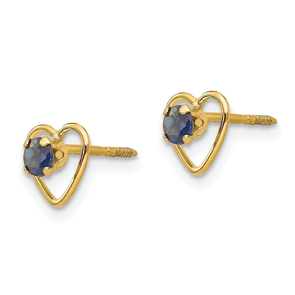 14KT Yellow Gold 3MM Round Sapphire 6MM Heart Childrens Birthstone Earrings