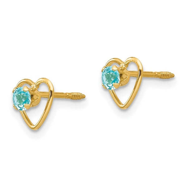 14KT Yellow Gold 3MM Round Blue Zircon 6MM Heart Childrens Birthstone Stud Earrings