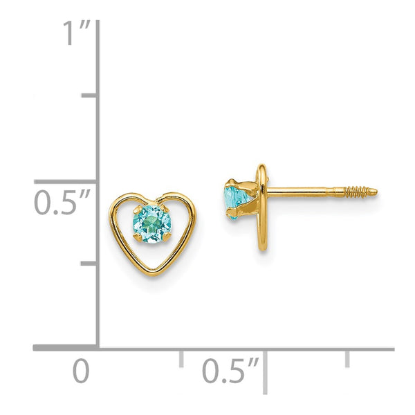 14KT Yellow Gold 3MM Round Blue Zircon 6MM Heart Childrens Birthstone Stud Earrings