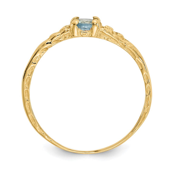 14KT Yellow Gold 3MM Round Aquamarine Birthstone Baby Ring; Size 3