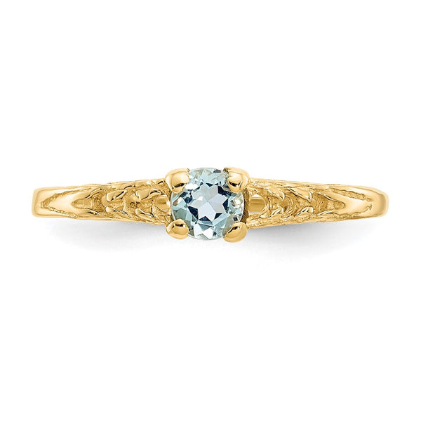 14KT Yellow Gold 3MM Round Aquamarine Birthstone Baby Ring; Size 3