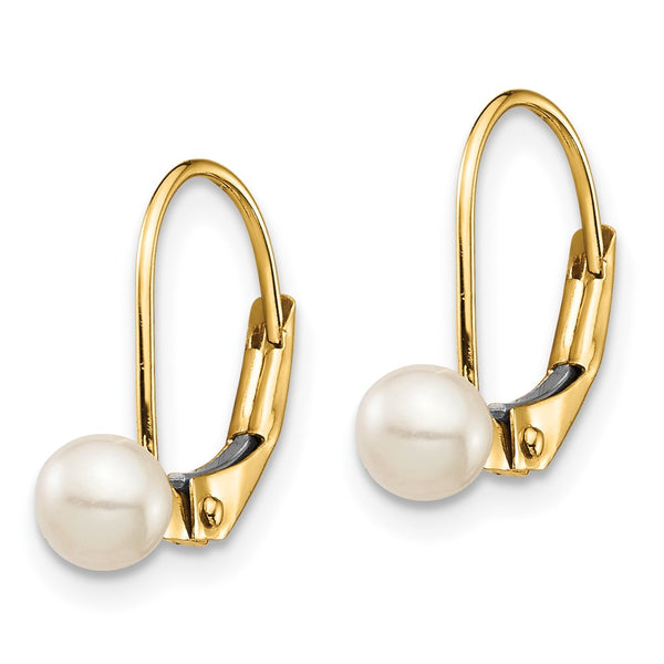 14KT Yellow Gold 4MM Round Pearl Leverback Earrings