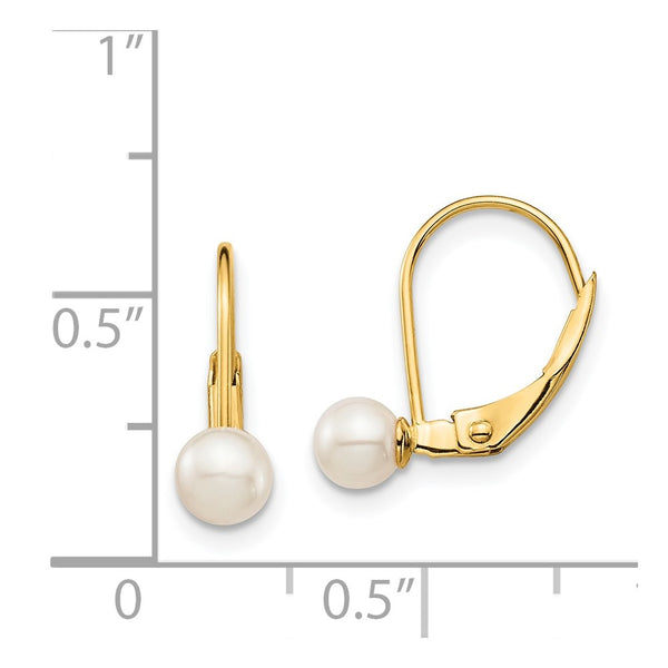 14KT Yellow Gold 4MM Round Pearl Leverback Earrings