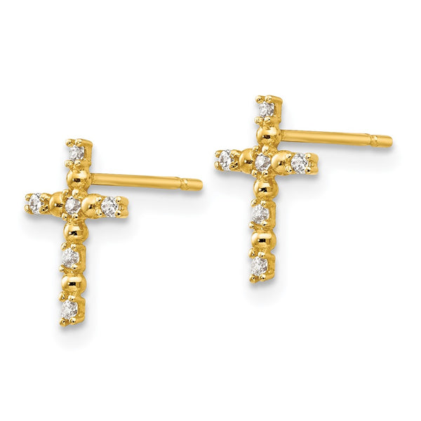 14KT Yellow Gold Cubic Zirconia 10X7MM Childrens Cross Stud Earrings