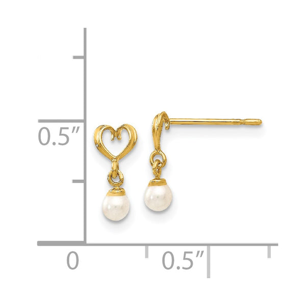 14KT Yellow Gold Pearl 9X5MM Childrens Heart Drop & Dangle Earrings