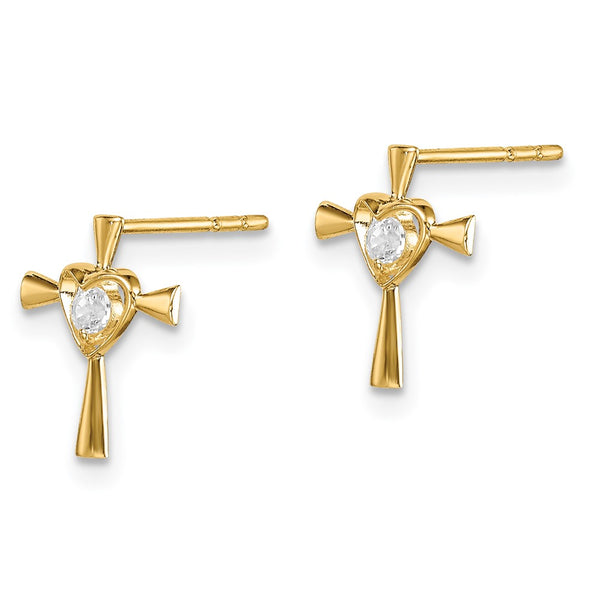 14KT Yellow Gold Cubic Zirconia Childrens Heart Cross Stud Earrings