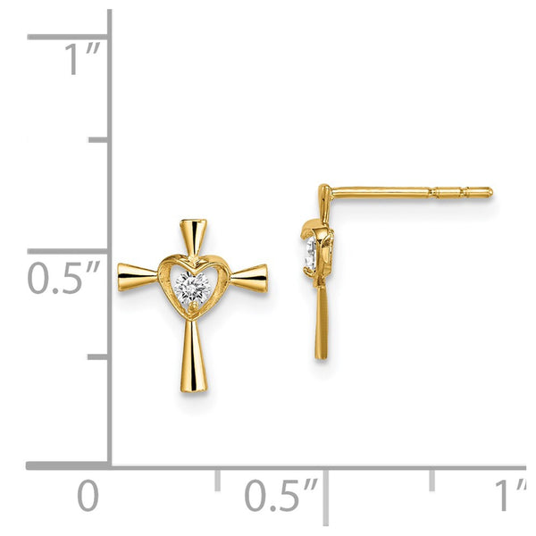 14KT Yellow Gold Cubic Zirconia Childrens Heart Cross Stud Earrings