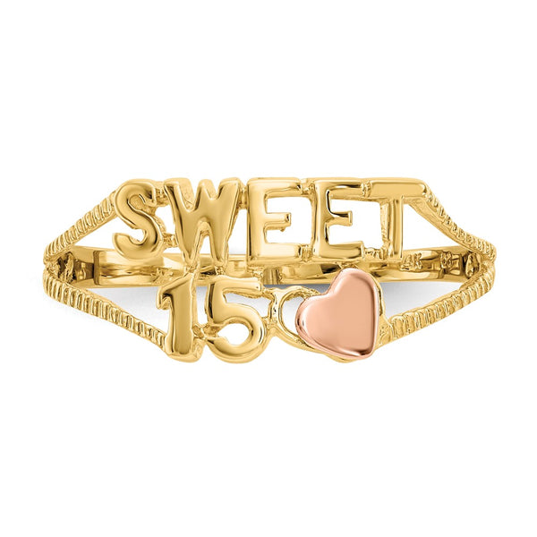 14KT Yellow and Rose Gold Heart Quinceanera Sweet 15 Ring; Size 6