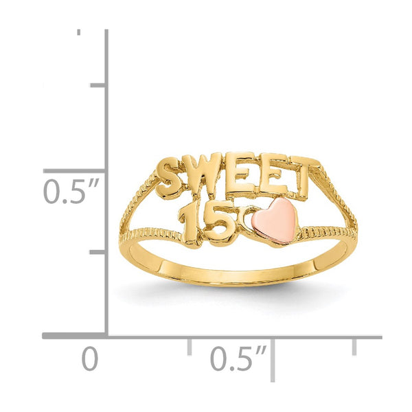 14KT Yellow and Rose Gold Heart Quinceanera Sweet 15 Ring; Size 6