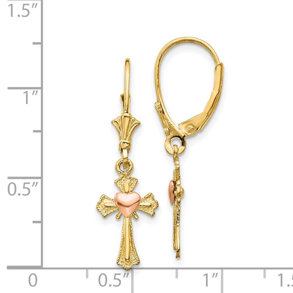 14KT White and Yellow Gold 32X9MM Heart Cross Leverback Earrings