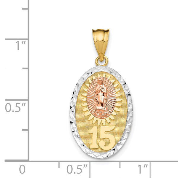 14KT Gold Tri-Color 22X14MM Guadalupe Quinceanera Pendant. Chain Not Included