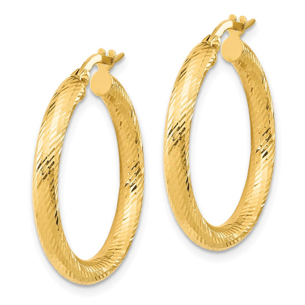 14KT Yellow Gold 3X25MM Diamond-cut Hoop Earrings