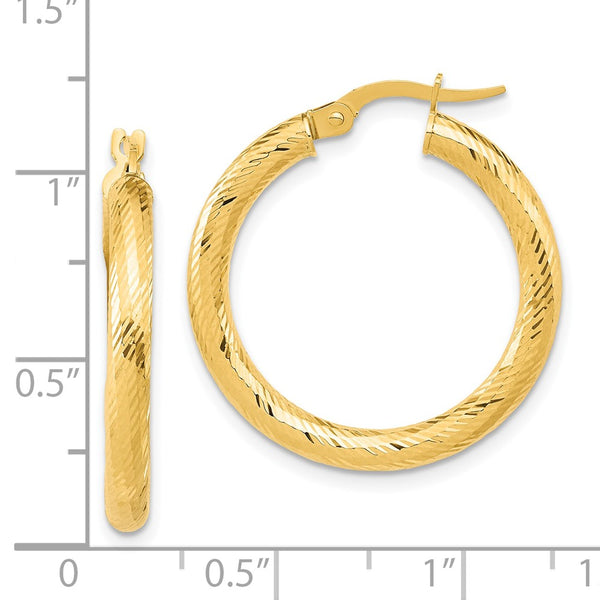 14KT Yellow Gold 3X25MM Diamond-cut Hoop Earrings