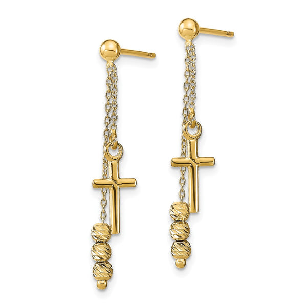 14KT Yellow Gold 32X7MM Diamond-cut Cross Beaded Dangling Earrings