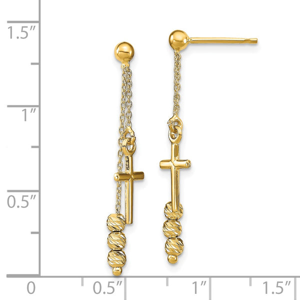 14KT Yellow Gold 32X7MM Diamond-cut Cross Beaded Dangling Earrings