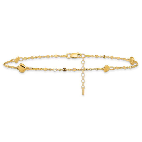 14KT Yellow Gold 10-inch Heart Anklet