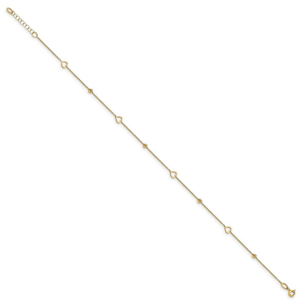 14KT Yellow Gold 10-inch Diamond-cut Heart Anklet