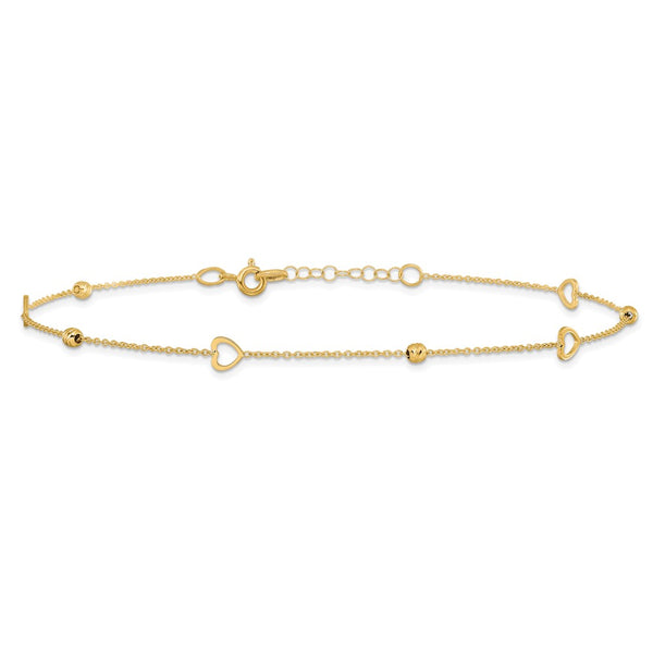 14KT Yellow Gold 10-inch Diamond-cut Heart Anklet