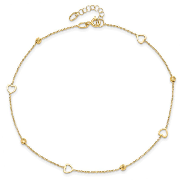 14KT Yellow Gold 10-inch Diamond-cut Heart Anklet