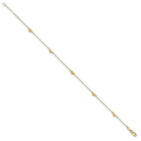 14KT Yellow Gold 9-inch Lobster Clasp Diamond-cut Heart Anklet