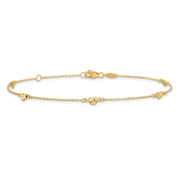 14KT Yellow Gold 9-inch Lobster Clasp Diamond-cut Heart Anklet