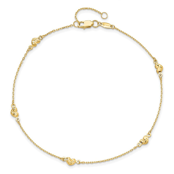 14KT Yellow Gold 9-inch Lobster Clasp Diamond-cut Heart Anklet