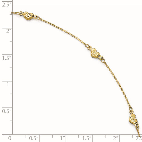 14KT Yellow Gold 9-inch Lobster Clasp Diamond-cut Heart Anklet