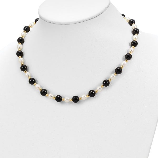 6X7MM Pearl and Onyx 17-inch Necklace in 14KT Yellow Gold